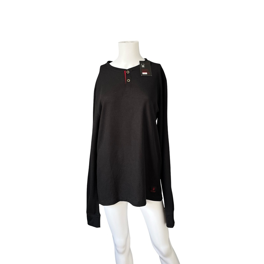 NEW Spyder Black Henley Thermal Knit Long Sleeve Pullover Womens Size Large
